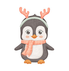 Cute penguin with red deer antlers. Funny Christmas animal isolated on white background. Childish watercolor festive illustration.