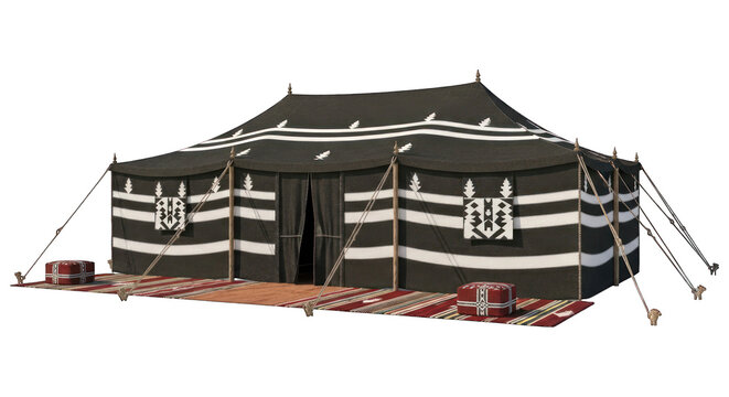 Large traditional dark tent with white patterns, ropes, ground rugs, cushions - Powered by Adobe