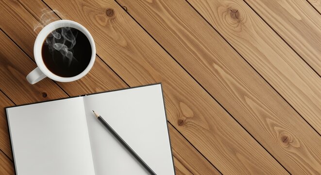 An overhead view showcases a steaming cup of freshly brewed black coffee positioned alongside an open, blank notebook and a graphite pencil on a rustic wooden plank surface. The warm beverage emits de
