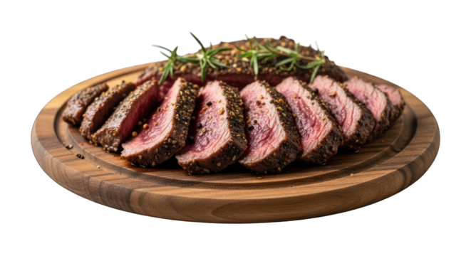 Juicy sliced medium-rare steak with herbs and spices on a rustic wooden board