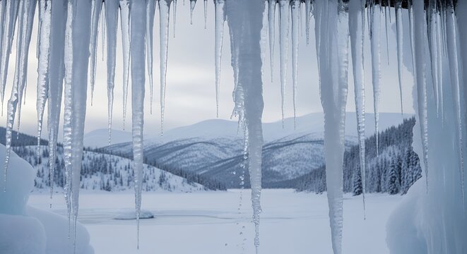 Close-up of numerous glistening icicles hanging gracefully, some with visible water droplets, creating a serene and captivating foreground. Beyond the intricate ice formations, a tranquil, vast winter