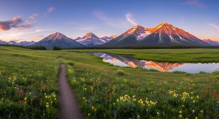 This breathtaking panoramic landscape captures the serene beauty of a mountain wilderness at sunrise or sunset. A narrow dirt path gracefully meanders through a sprawling, verdant meadow, adorned with