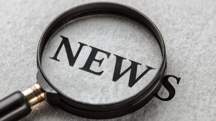 A magnifying glass focuses on the bold black letters spelling NEWS,