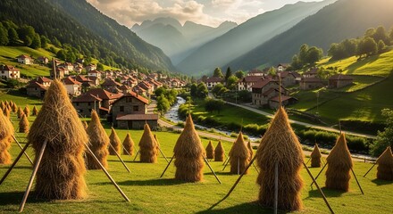 This idyllic panoramic view captures a charming rural village nestled deep within a verdant mountain valley. In the sun-drenched foreground, numerous traditional conical haystacks stand neatly arrange