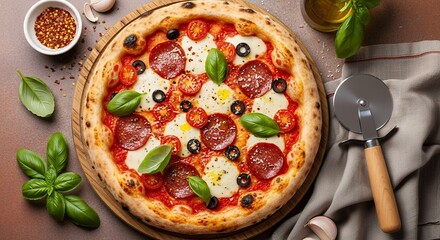 This overhead flat lay composition showcases a deliciously prepared round pizza, presented on a rustic wooden serving board. The vibrant toppings include rich tomato sauce, creamy melted mozzarella ch