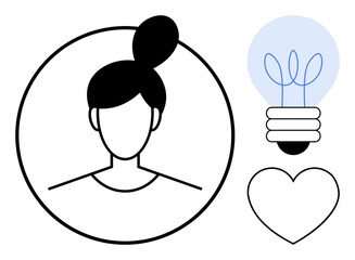 Minimalist outline of a woman in a circle, a glowing lightbulb, and a heart. Ideal for creativity, communication, passion, relationships, innovation teamwork empathy. A simple flat metaphor