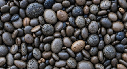 This serene and natural close-up captures a full frame of smooth, wet river stones, showcasing a rich tapestry of earthy textures and organic forms. Various sizes and shapes of pebbles, in a spectrum 