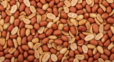 This vibrant overhead close-up features a rich tapestry of whole and shelled peanuts, creating an appealing natural background texture. The mix of reddish-brown skins and lighter, creamy-colored kerne