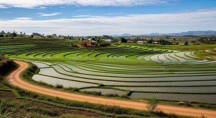 This vibrant panoramic landscape captures extensive tiered agricultural fields, freshly cultivated and partially submerged with water, reflecting the clear blue sky. A winding earthen path curves grac