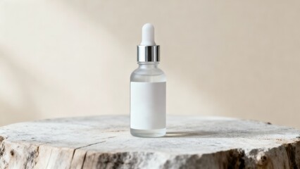 Skincare serum bottle mockup concept. Clear glass dropper bottle on a wooden surface with a neutral background.