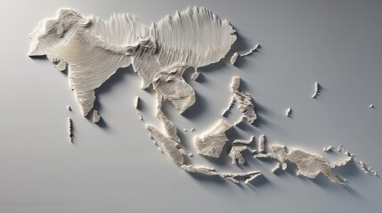 Relief style map of Southeast Asia featuring detailed topography and country borders on a light grey background.