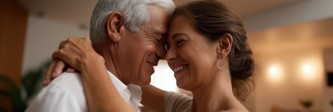 Elderly caucasian couple embracing and smiling warmly indoors