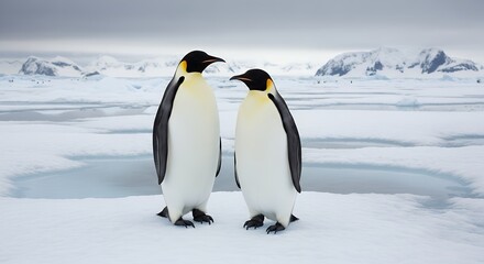 Two magnificent penguins stand tall on a pristine expanse of snow and ice, gazing out across a breathtaking polar landscape. The powerful birds, with their distinctive black and white plumage and subt