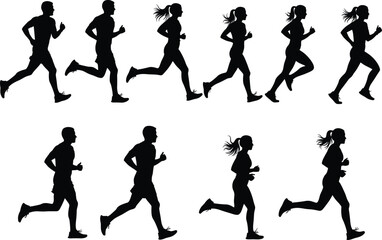 Running silhouettes of male and female athletes, dynamic motion poses, fitness training concept, sports biomechanics, vector illustration for health, exercise, and animation use