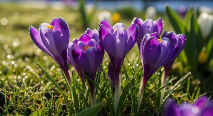 Vibrant purple crocus flowers stand tall, beautifully adorned with sparkling dew drops glistening in the gentle morning sun. Nestled within lush green grass, this close-up photograph captures the deli