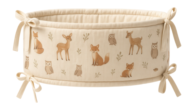 Eco-friendly crib bumper in organic cotton featuring woodland animal designs.