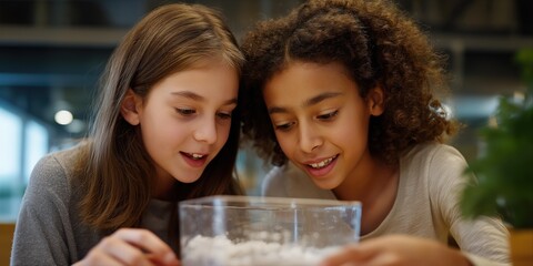 Young girls engaged in science experiment with enthusiasm