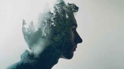 Silhouette of a person blended with serene forest landscape, tall trees visible through transparent profile,
