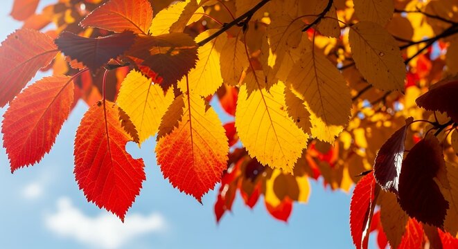Vibrant red and bright yellow autumn leaves glow warmly against a clear, sunny blue sky, creating a picturesque natural background. Sunlight streams through the foliage, highlighting the intricate vei