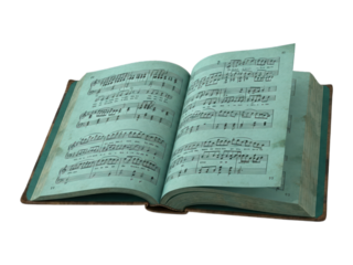 Open, aged book with faded blue pages displays musical notation on a black background