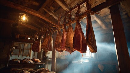 prosciutto. Cured pork hanging from beams in a traditional farmhouse kitchen. menu design, packaging mockups, designed for culinary blogs and recipe cards for restaurants, used by hr managers.