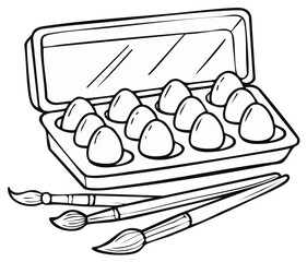 Eggs in a carton with art brushes for Easter holiday painting and decoration