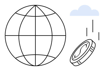 Globe represents interconnected economies coin signifies wealth and investment cloud and rain express unpredictable market forces. Ideal for business, innovation, economy, finance, globalization