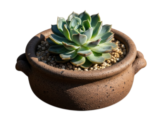 Rosette succulent with blue-green leaves and red tips in a rustic brown pot with pebbles