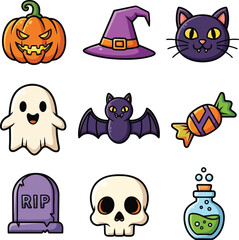 Cute Halloween Icons Featuring Pumpkin Witch Hat Black Cat Ghost Bat Candy Tombstone Skull and Potion