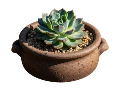 Rosette succulent with blue-green leaves and red tips in a rustic brown pot with pebbles - Powered by Adobe