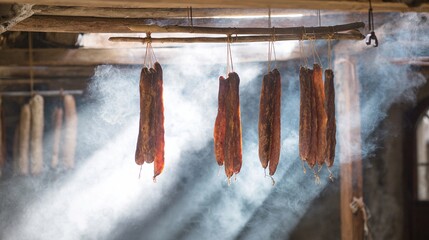 prosciutto. Cured pork hanging from beams in a traditional farmhouse kitchen. menu design, packaging mockups, designed for culinary blogs and recipe cards for restaurants, used by hr managers.