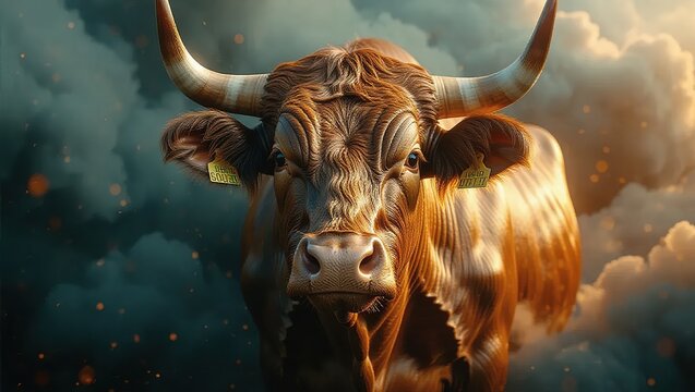 A majestic horned bull stands powerfully in a dramatic sky.