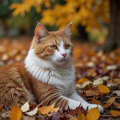 Fall Harmony: White and Orange Cat in Seasonal Splendor