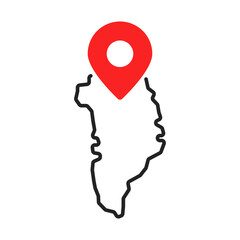 thin line greenland map with red pin point