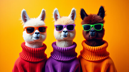 Funny Alpacas with Sunglasses on Orange Background