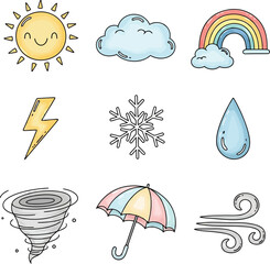Set of cartoon weather icons depicting sun cloud rainbow lightning snowflake raindrop tornado umbrella and wind