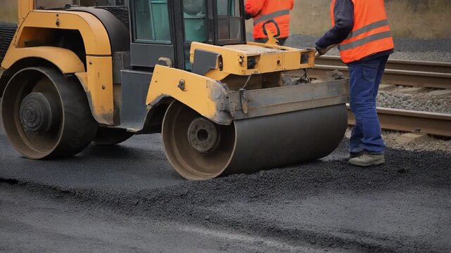 &ldquo;Road roller compresses fresh asphalt&mdash;orange vests and blue pants frame the rhythm of labor, evoking grit, precision, and the pulse of infrastructure in motion.&rdquo;