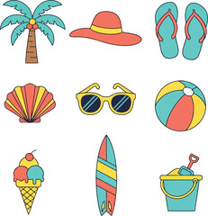 Summer vacation and beach icons featuring palm tree sunglasses surfboard and ice cream Keywords: palm tree hat flip flops sunglasses seashell beach ball ice cream cone surfboard sand bucket