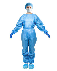 Female medic in a disposable medical protective coverall
