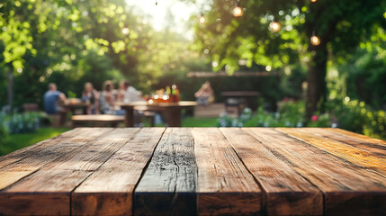 Empty Wooden Table with Blurred Outdoor BBQ Gathering – Summer Lifestyle and Natural Garden Backdrop