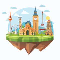Fototapeta premium Illustrated world landmarks floating island with vector style and copy space