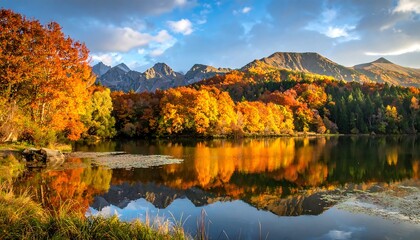 Vibrant autumn scenery showcasing a lake reflecting colorful fall foliage with mountains and blue skies in the background