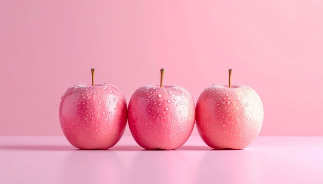 Three vibrant pink apples with fresh water droplets in a row.