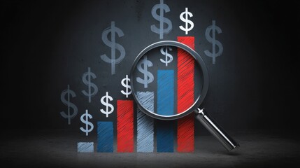 Financial performance analysis bar chart with dollar symbols, red and blue columns representing comparison data,