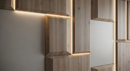 Wooden Panel Wall with Backlit Sections and Modern Design