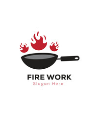 Frying pan logo design, Vector pan with a fire logo design concept illustration idea, fire work cooking logo