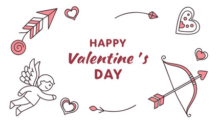 “Happy Valentine’s Day” thin line typography with minimal icon set, clean vector template for digital use.
