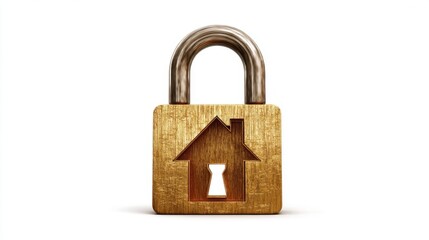 Naklejka premium A golden metallic padlock with a textured antique surface features a symmetrical house cut-out design centered around a 