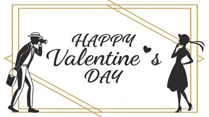 “Happy Valentine’s Day” typography with thin gold border, stylish vector for romantic greeting design.
