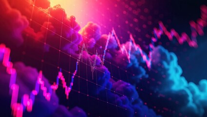 Abstract Financial Market Data Visualization with Neon Clouds.